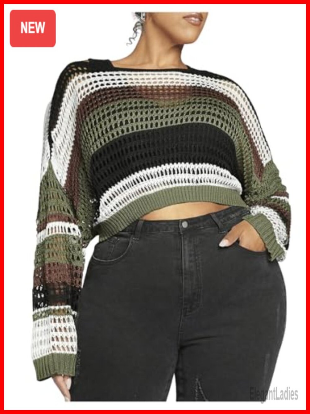 Plus Size Color Block Striped Crochet Crop Sweater Long Sleeve Knit Pullover